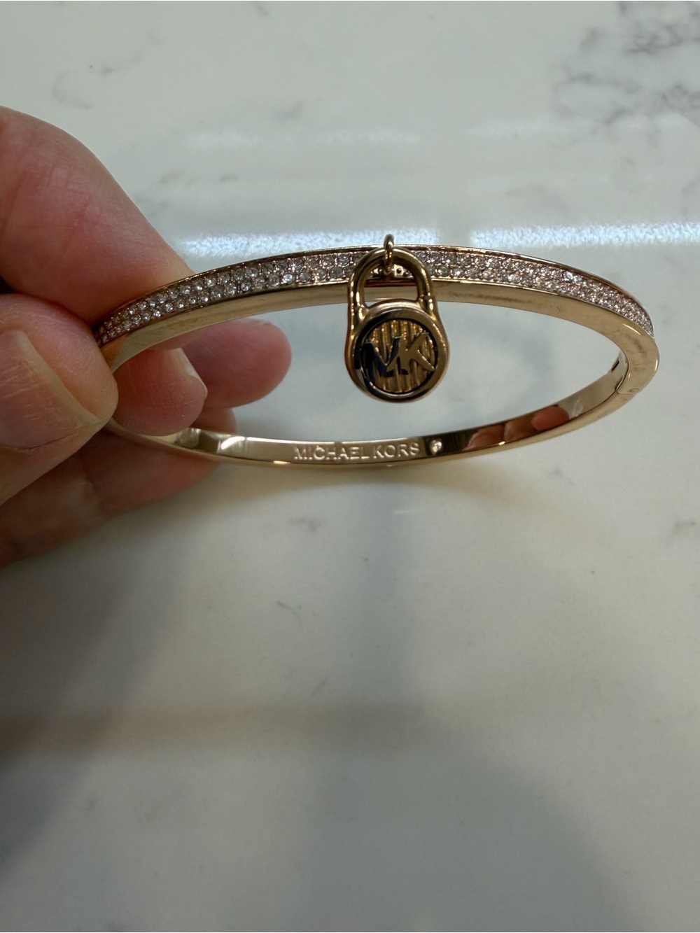 Michael Kors Rose Gold Pavé Crystal Lock Charm Bangle Bracelet